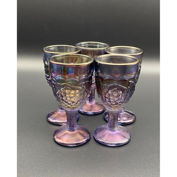 Imperial Purple Carnival Glass Grape Wine Glass Stem Wine Glass 4" Tall - Picture 9 of 10